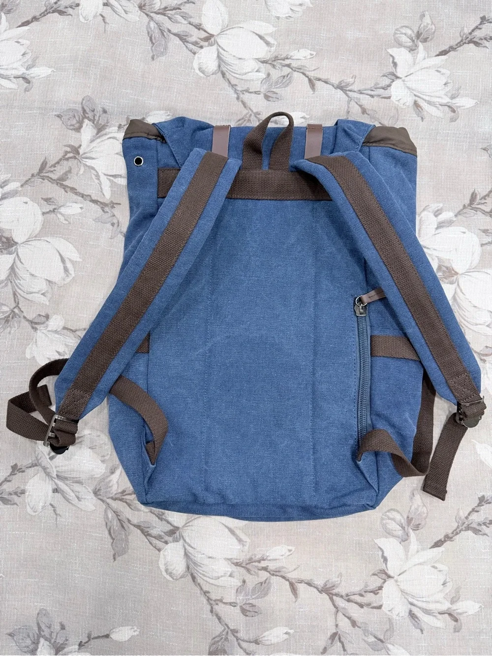 Blue Canvas Laptop Backpack Roll Top Leather Strap Travel School Hiking Bag